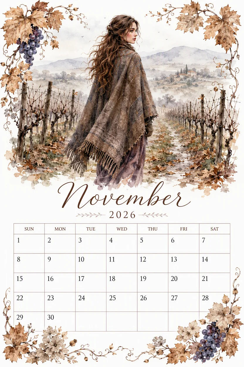 Printable watercolor late season vineyard calendar sheet