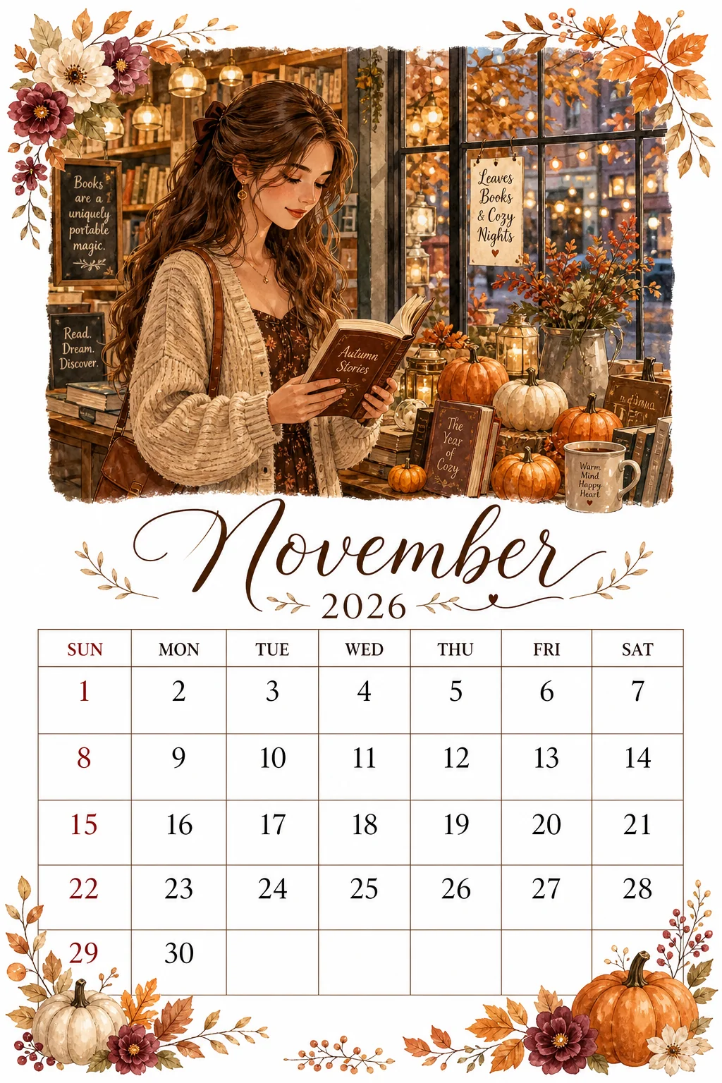 Printable watercolor cozy autumn bookstore calendar sheet