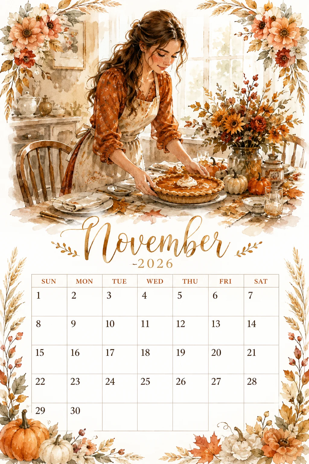 Printable watercolor pumpkin pie table setting calendar sheet