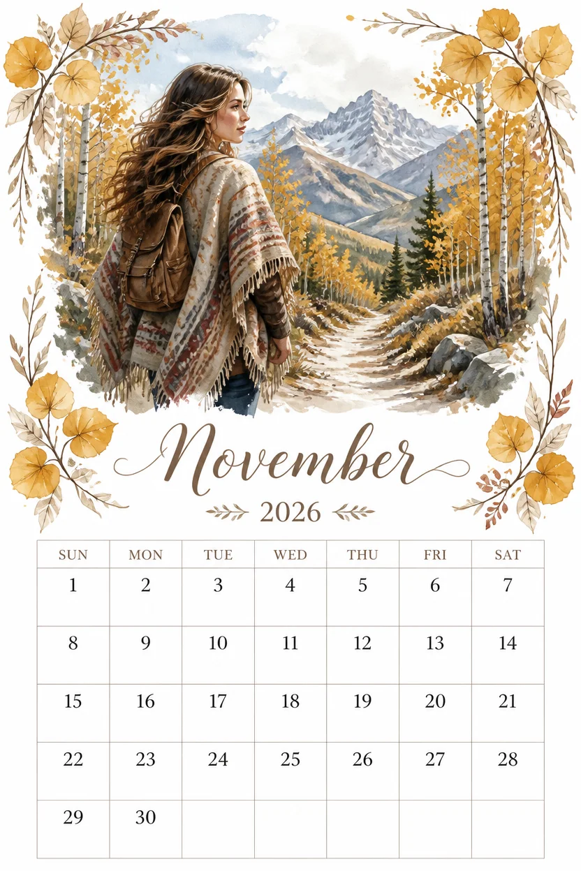 Printable watercolor aspen mountain trail calendar sheet