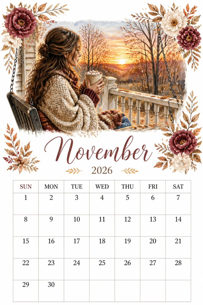 Printable watercolor porch swing sunset calendar sheet