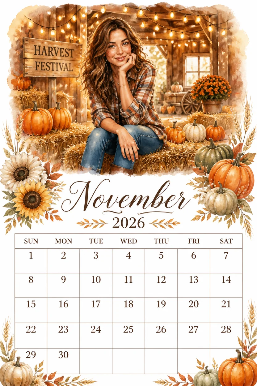 Printable watercolor harvest festival hay bale calendar sheet