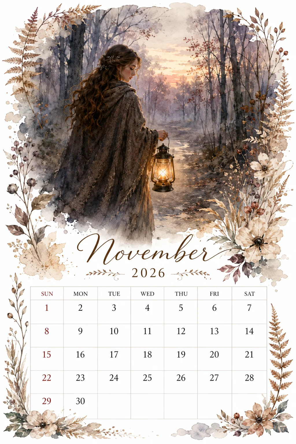 Printable watercolor lantern forest path calendar sheet
