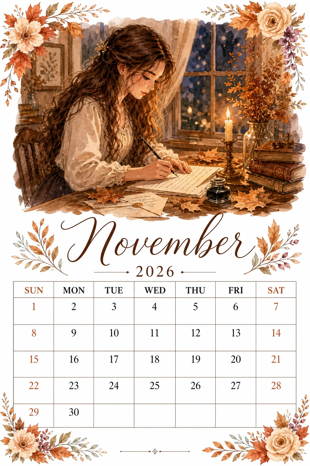Printable watercolor candlelight letter writing calendar sheet