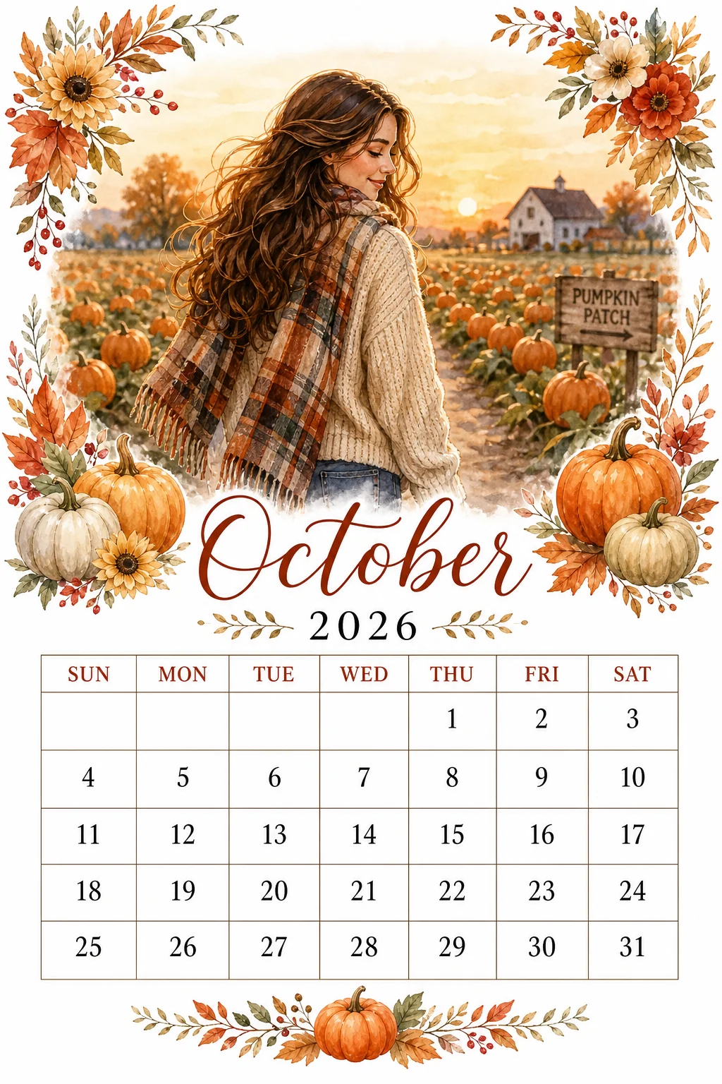 Printable watercolor pumpkin patch sunset calendar sheet
