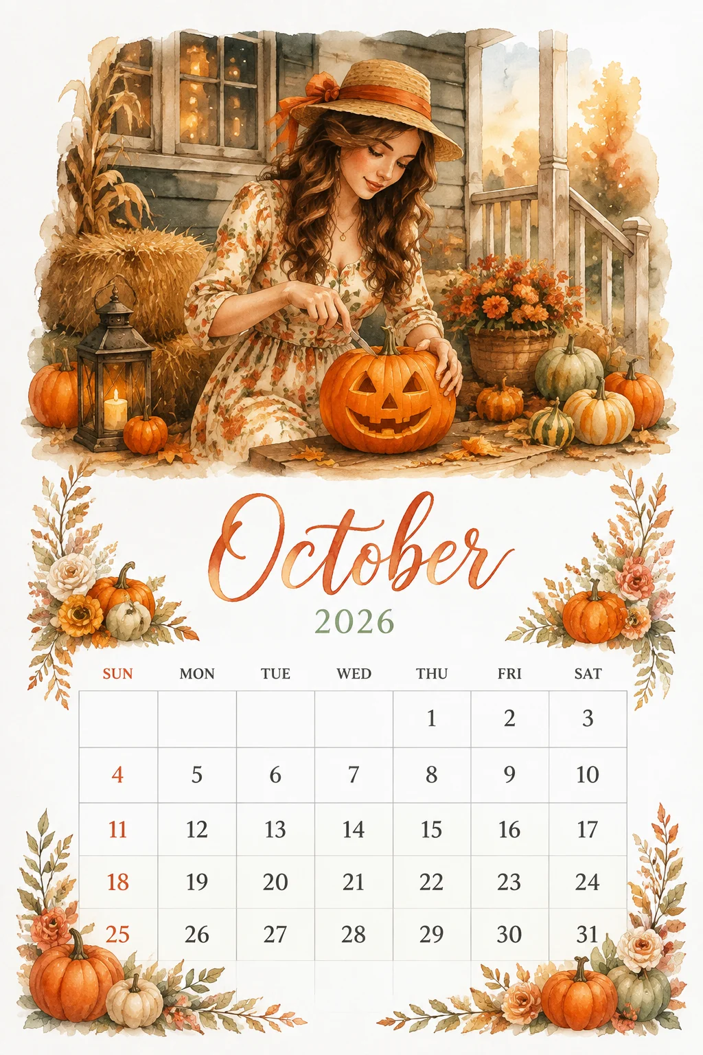 Printable watercolor porch jack-o-lantern calendar sheet