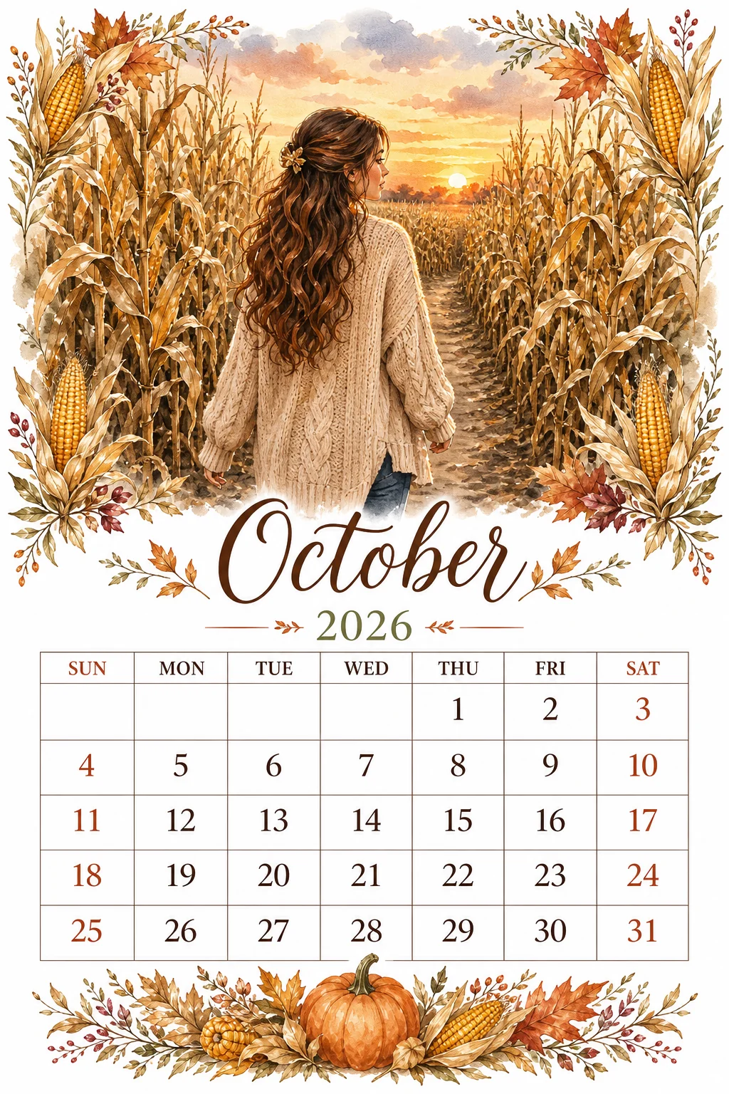 Printable watercolor corn maze sunset calendar sheet