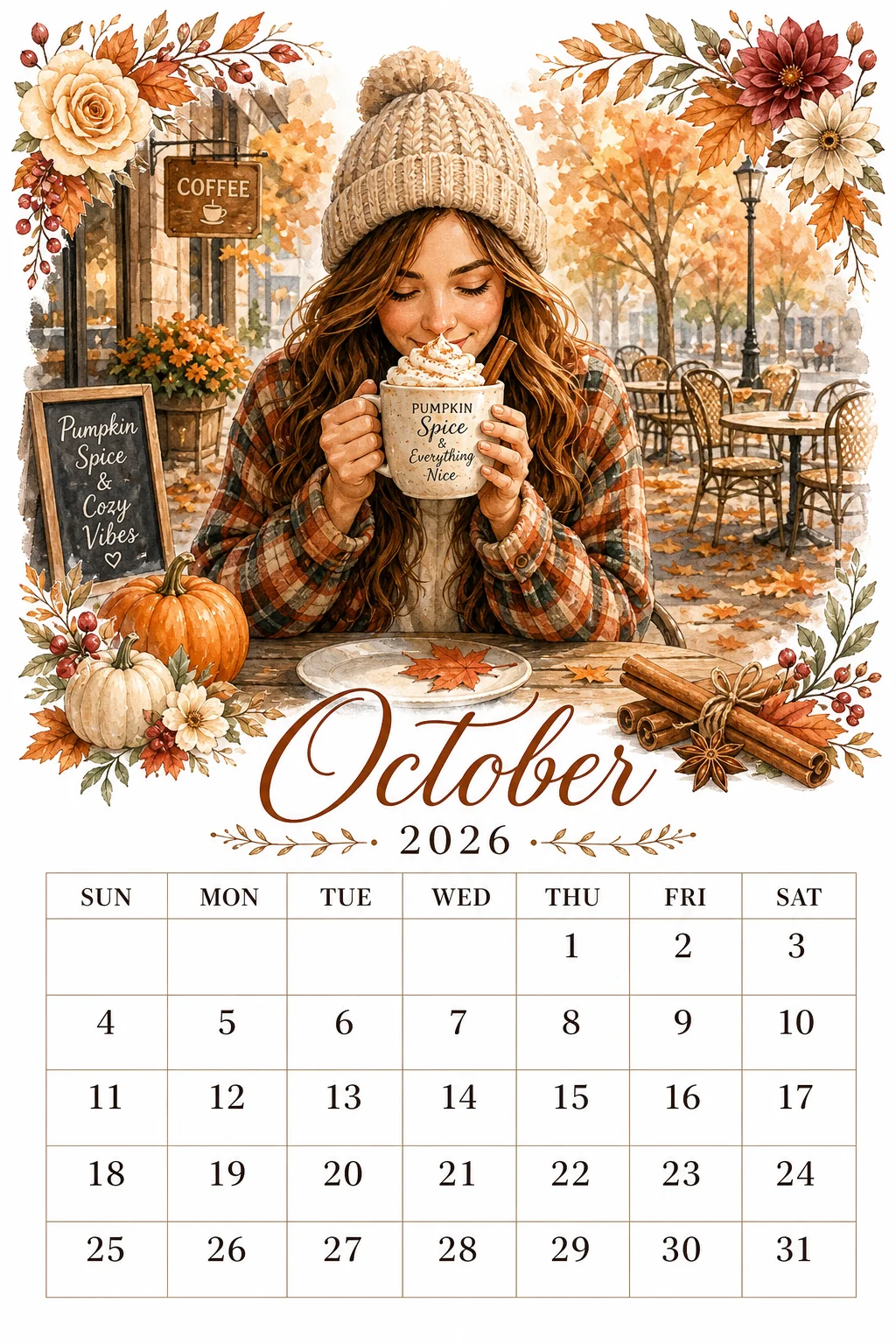 Printable watercolor pumpkin spice cafe calendar sheet