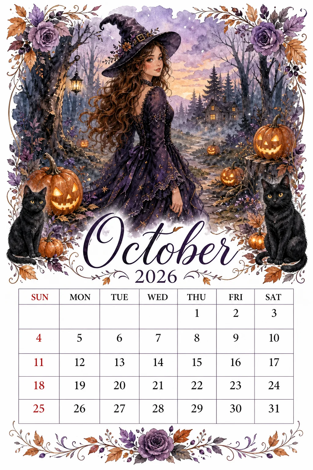 Printable watercolor moonlit witch walk calendar sheet