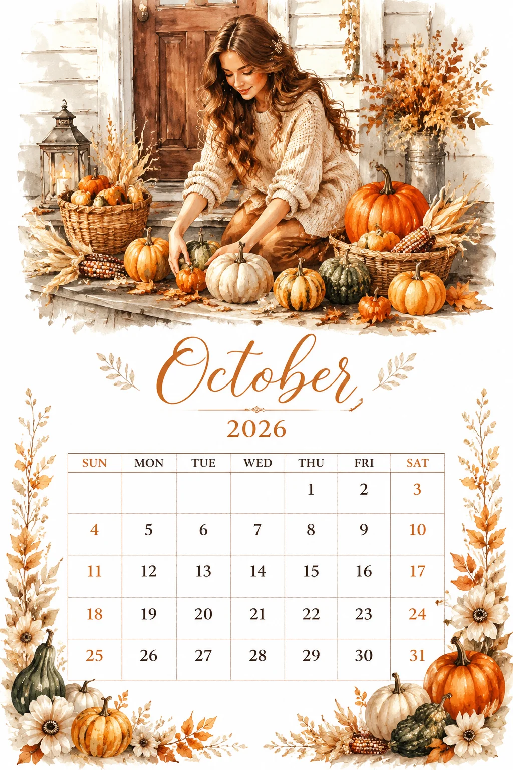 Printable watercolor porch step gourds calendar sheet