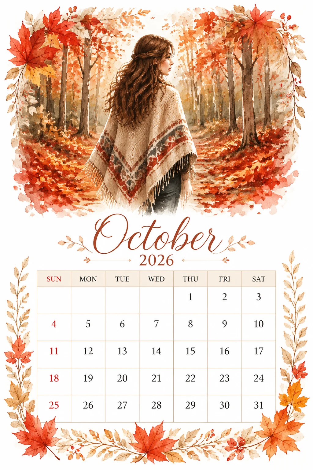 Printable watercolor maple forest poncho calendar sheet