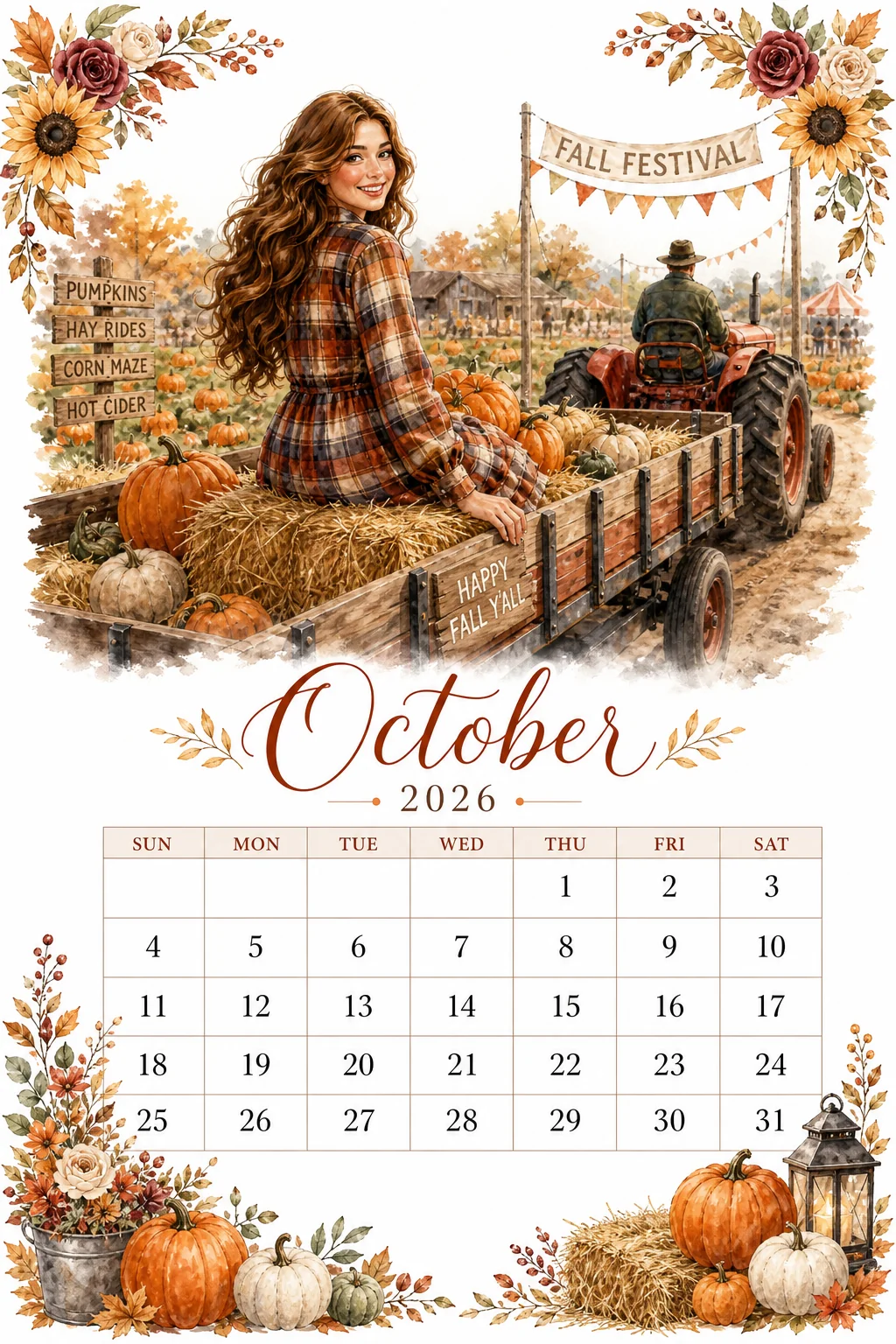 Printable watercolor fall festival hayride calendar sheet