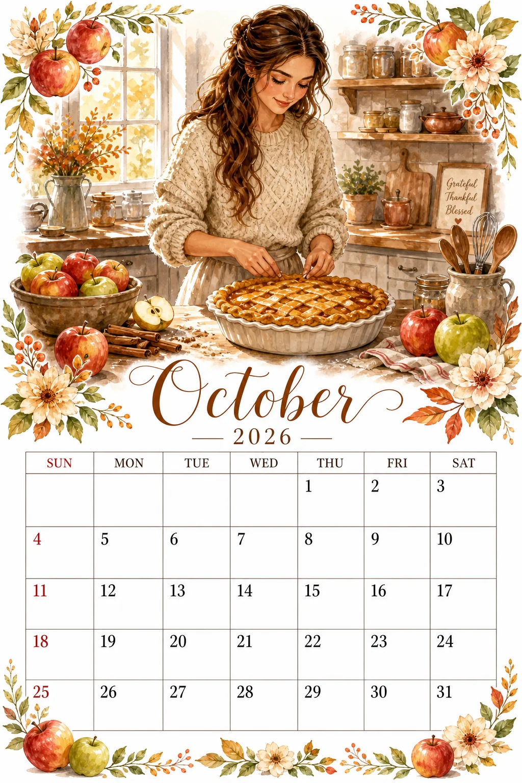 Printable watercolor lattice apple pie kitchen calendar sheet