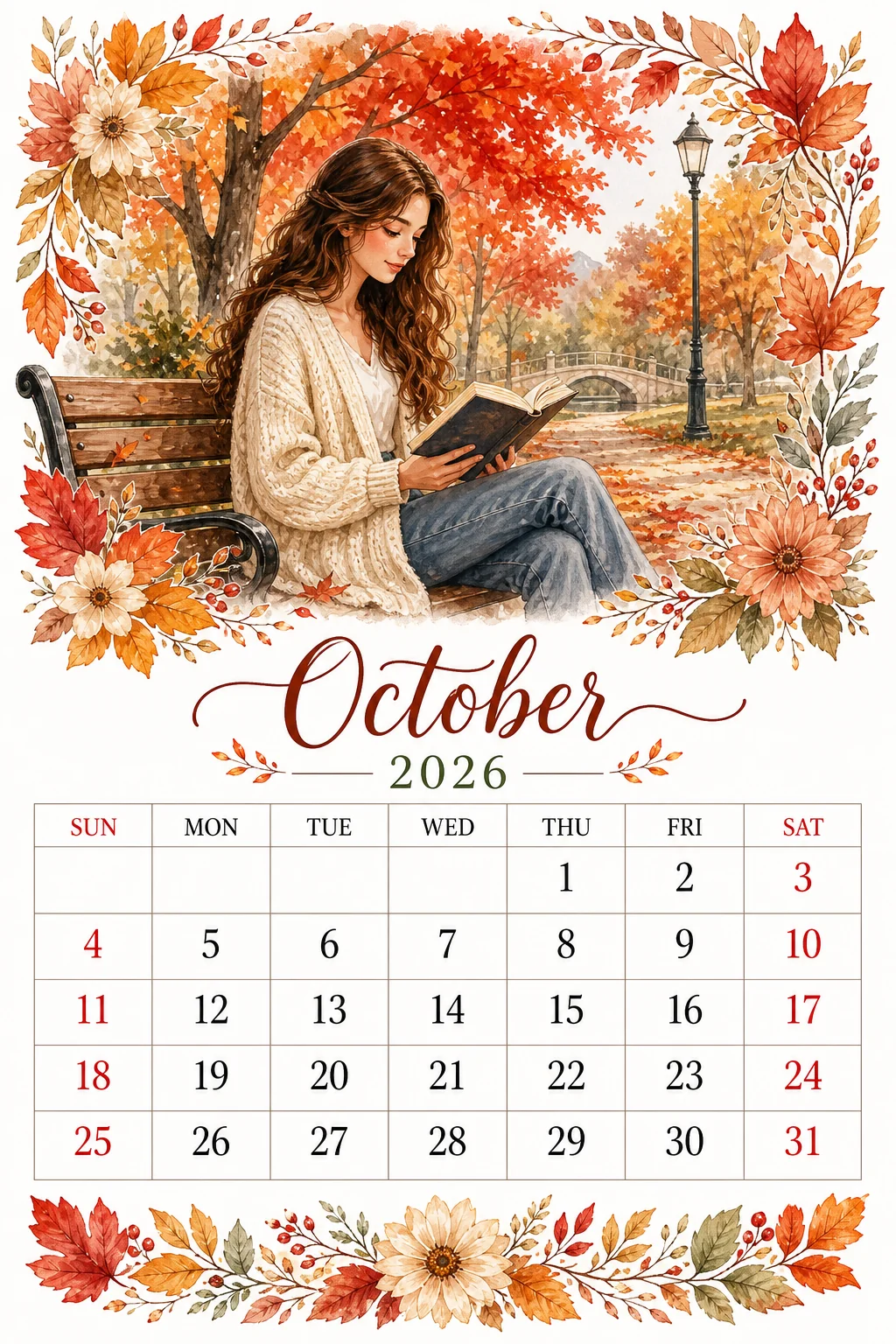 Printable watercolor park bench reading calendar sheet
