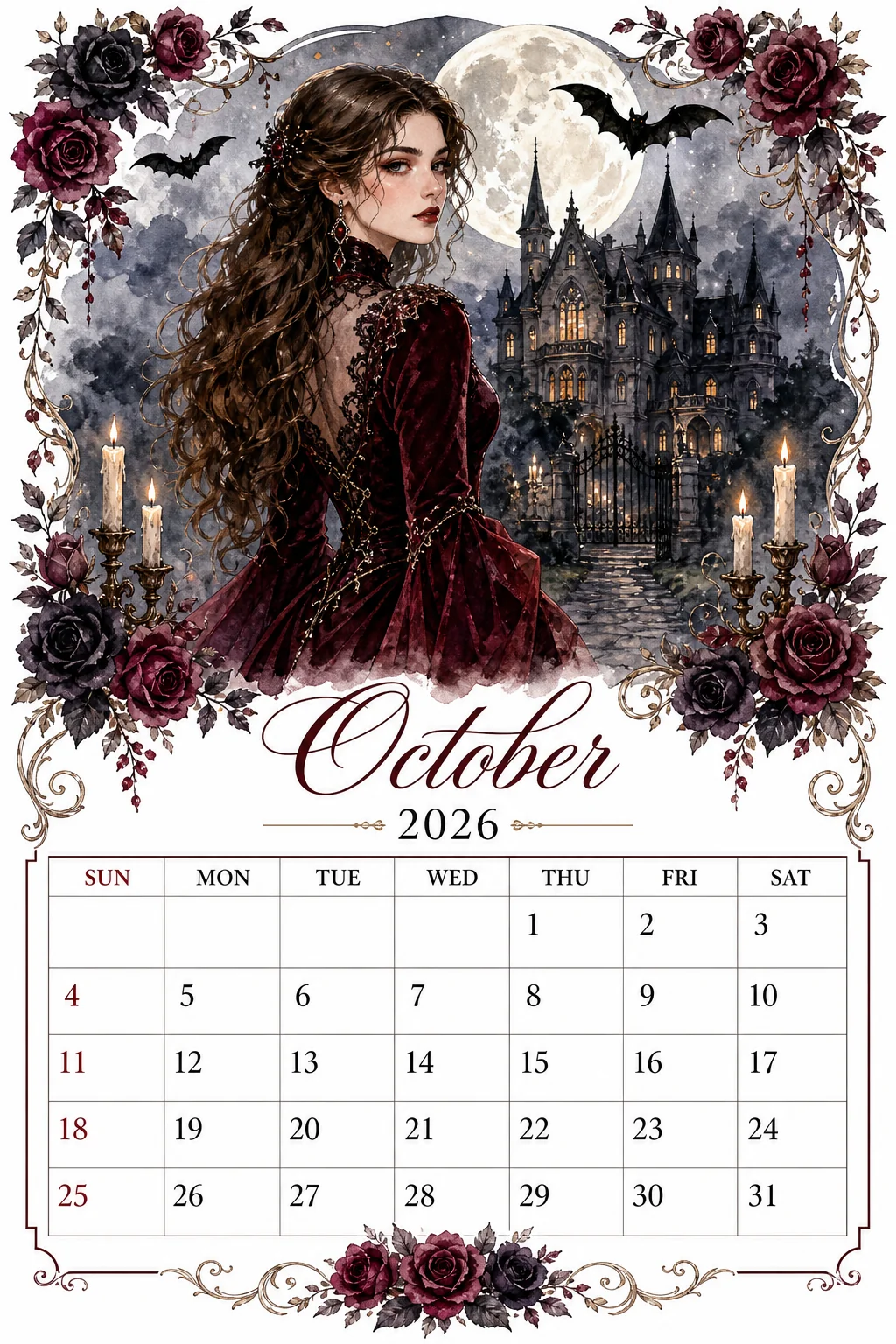 Printable watercolor gothic moonlight castle calendar sheet
