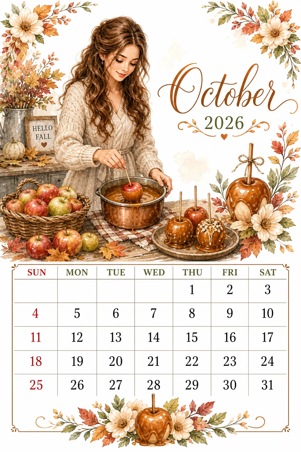 Printable watercolor caramel apple kitchen calendar sheet