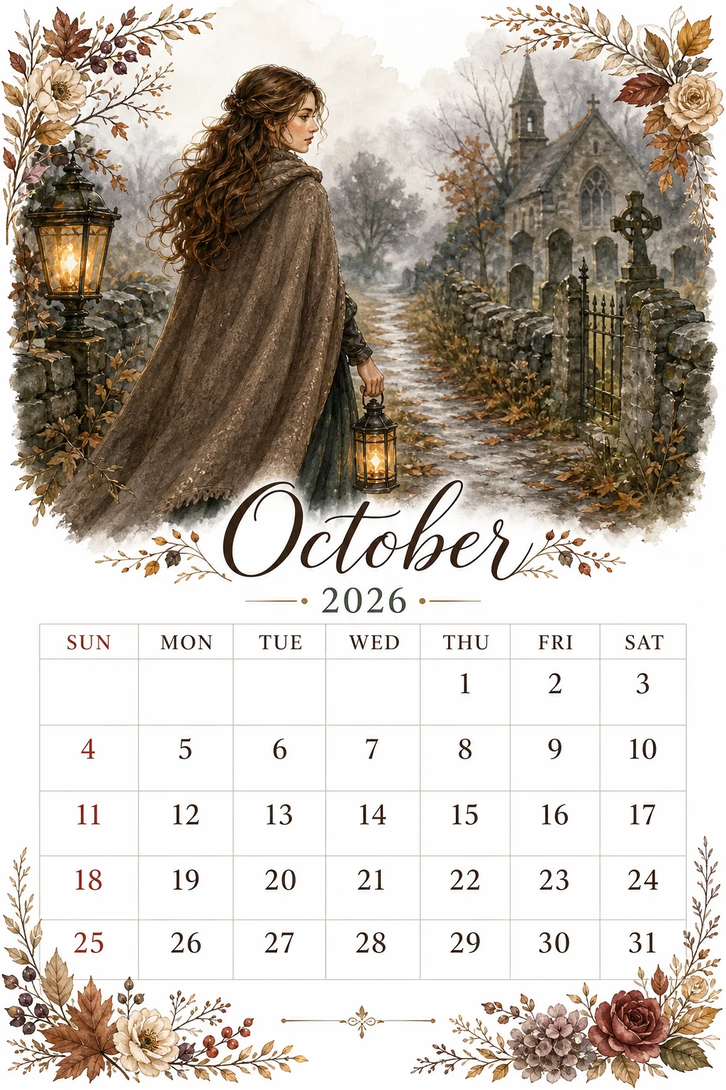 Printable watercolor churchyard lantern walk calendar sheet
