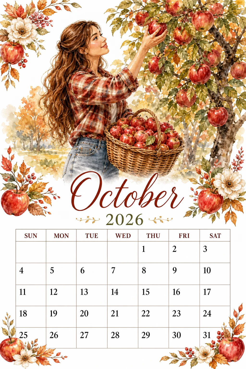 Printable watercolor apple orchard picking calendar sheet