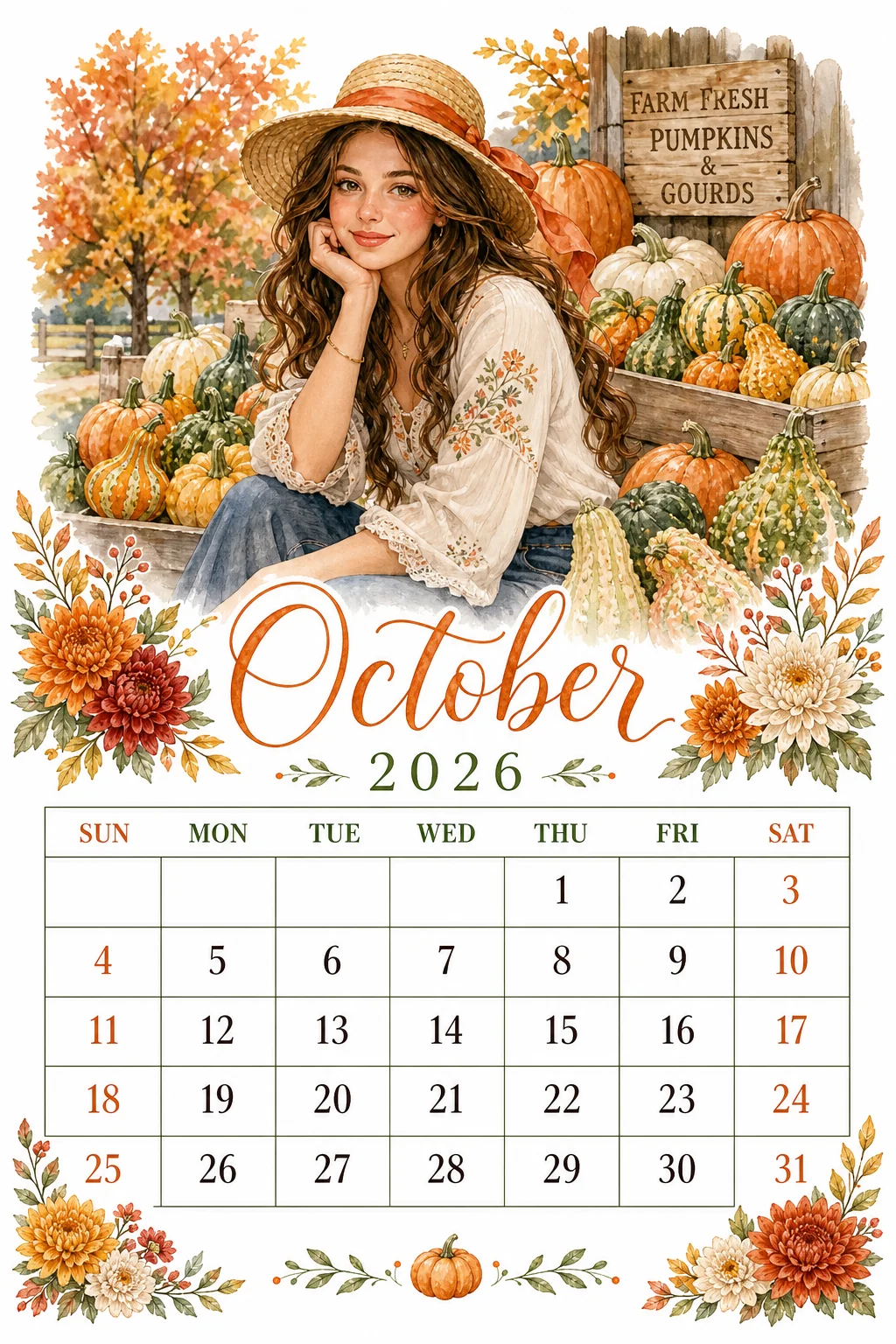 Printable watercolor farmstand gourds portrait calendar sheet