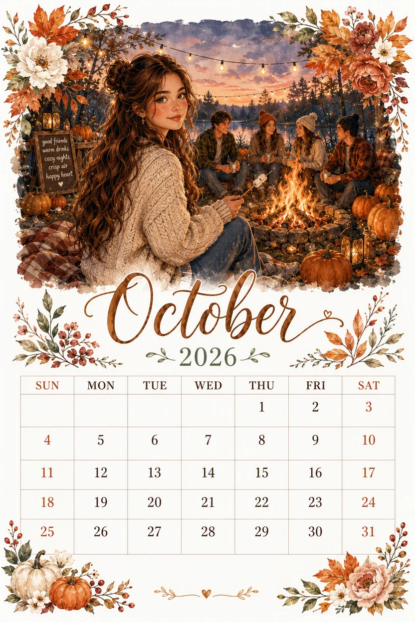 Printable watercolor lakeside campfire friends calendar sheet