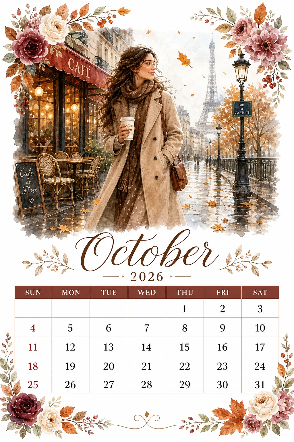 Printable watercolor paris autumn cafe walk calendar sheet