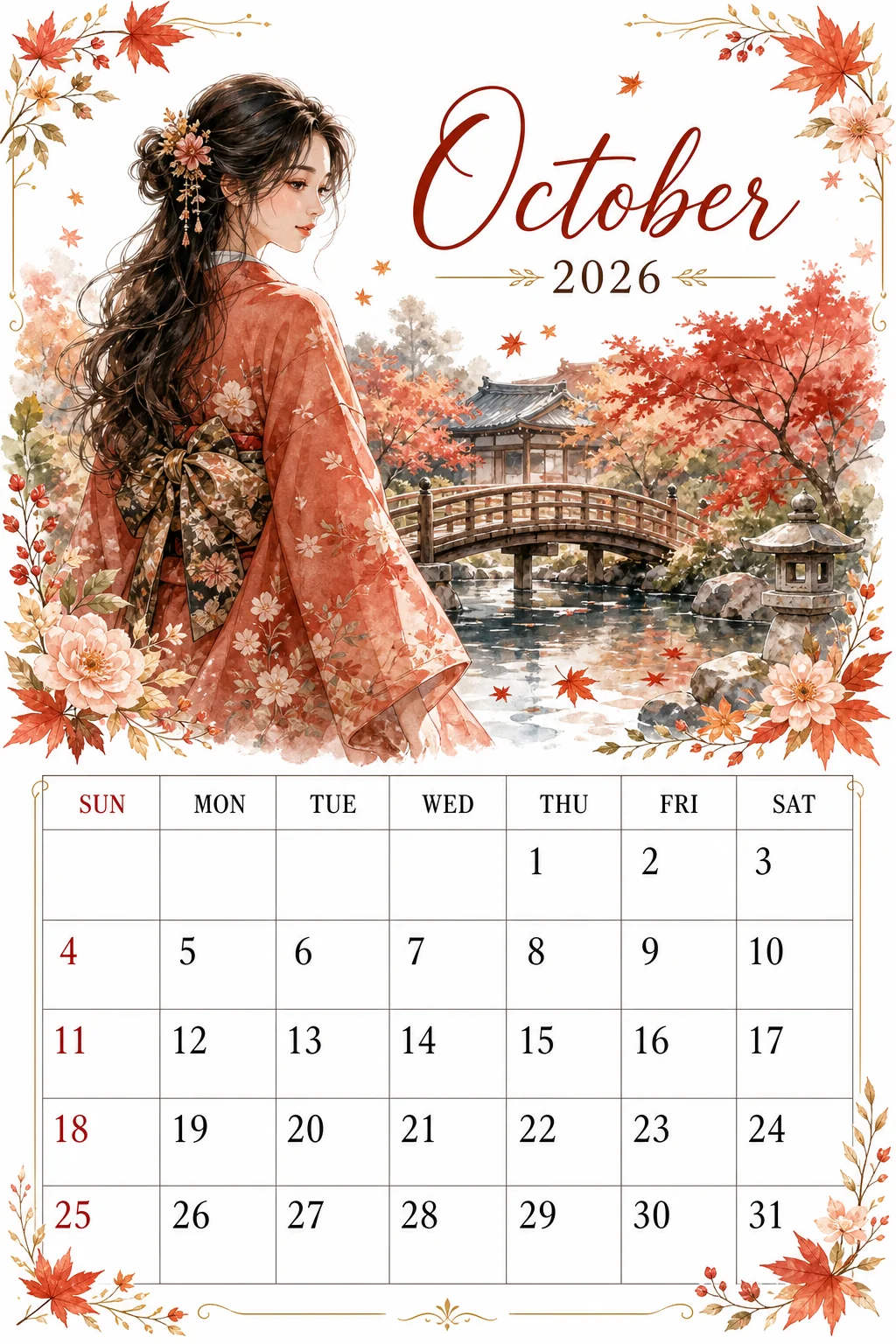 Printable watercolor japanese maple garden calendar sheet