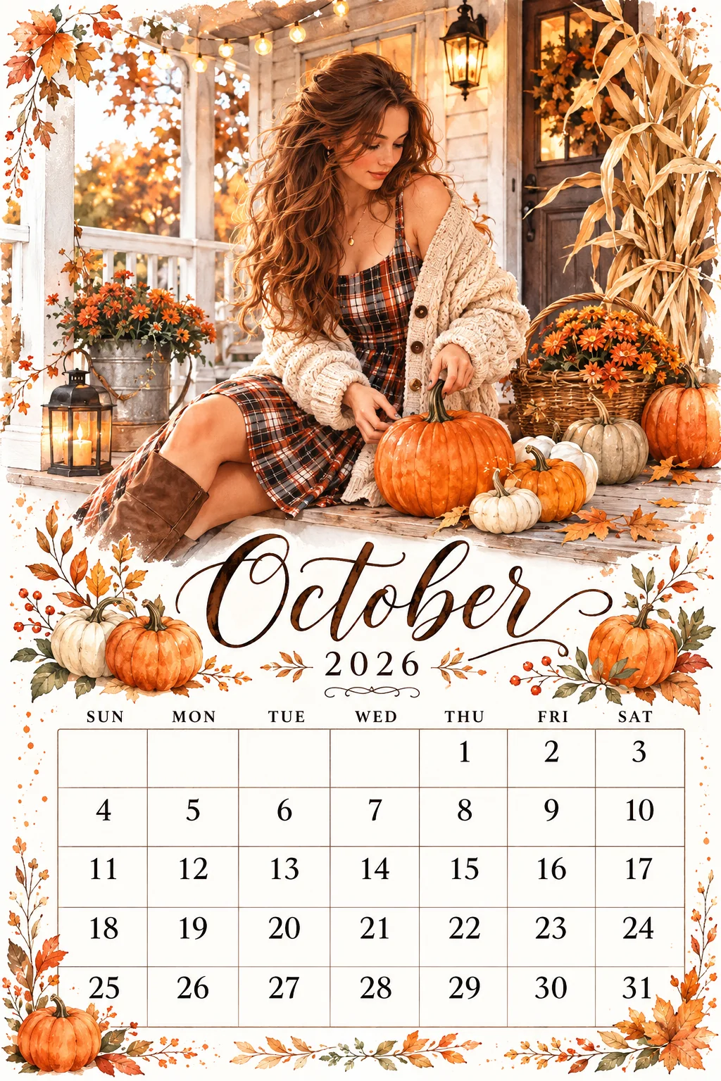 Printable watercolor porch pumpkin sitting calendar sheet
