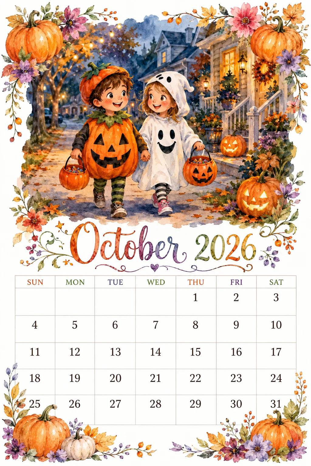 Printable watercolor trick-or-treat kids calendar sheet