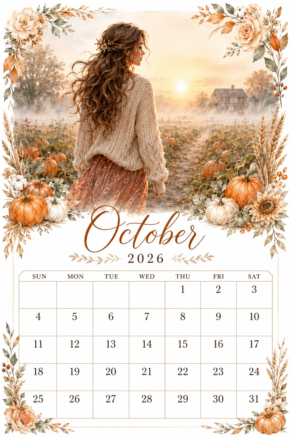 Printable watercolor misty pumpkin field sunrise calendar sheet