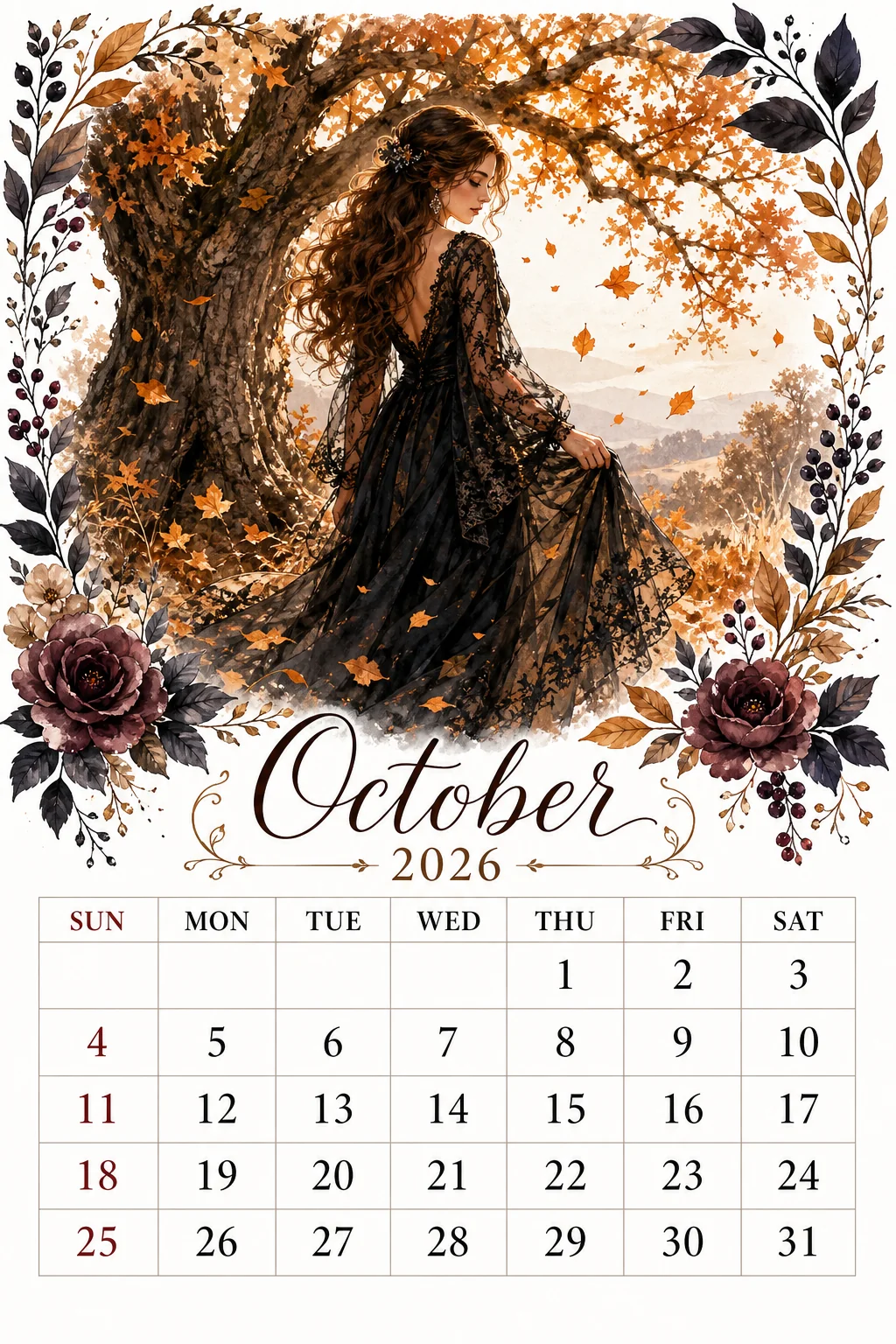 Printable watercolor black lace oak tree calendar sheet
