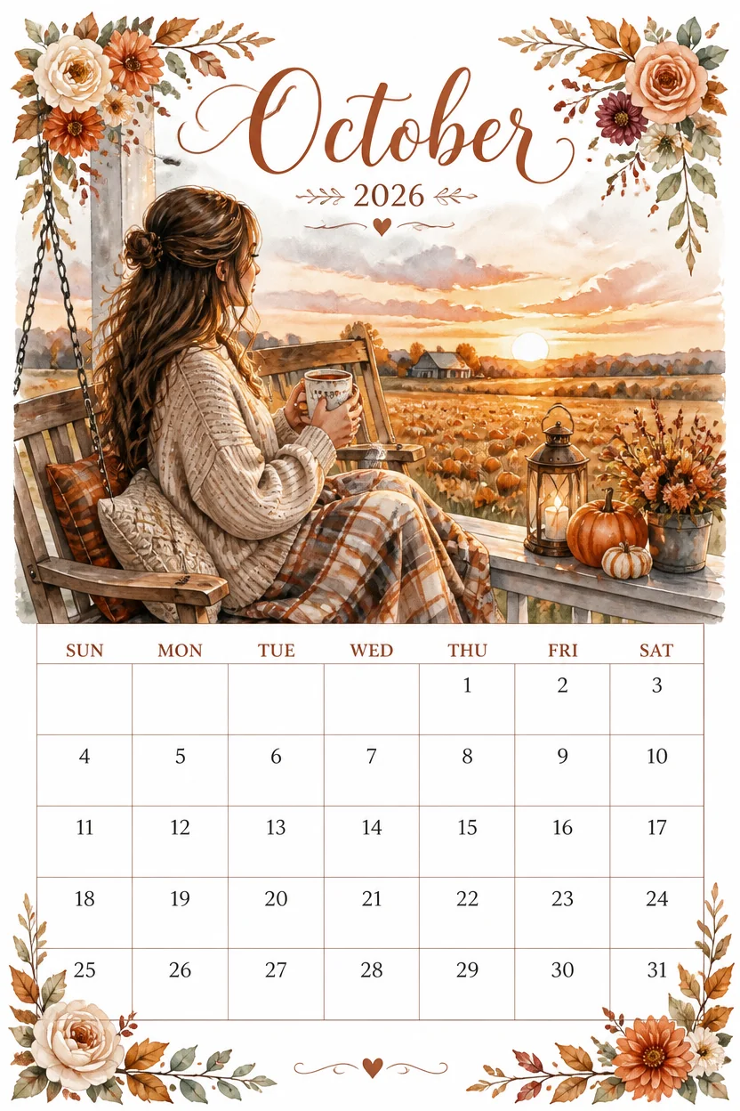 Printable watercolor porch swing field sunset calendar sheet