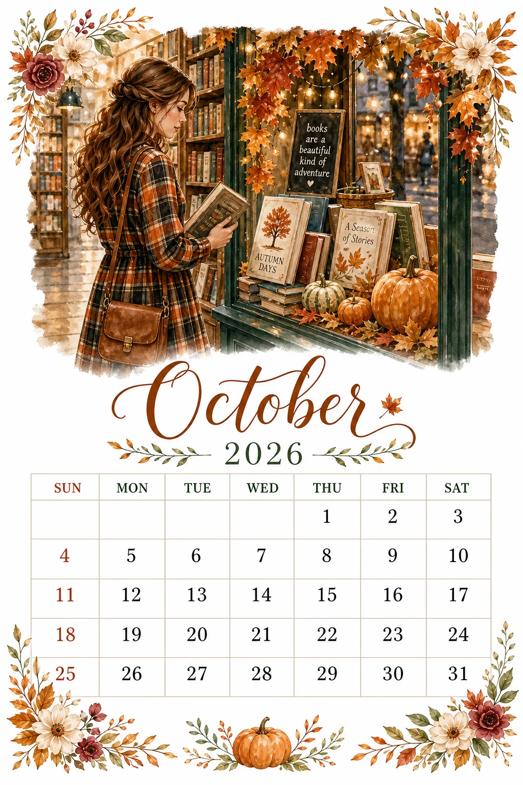 Printable watercolor autumn bookstore window calendar sheet