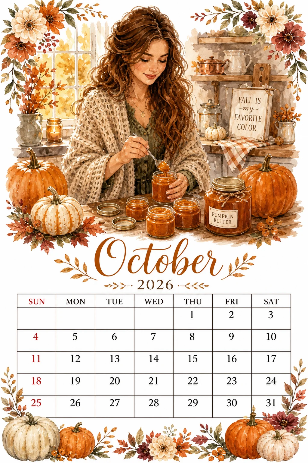 Printable watercolor pumpkin butter canning calendar sheet
