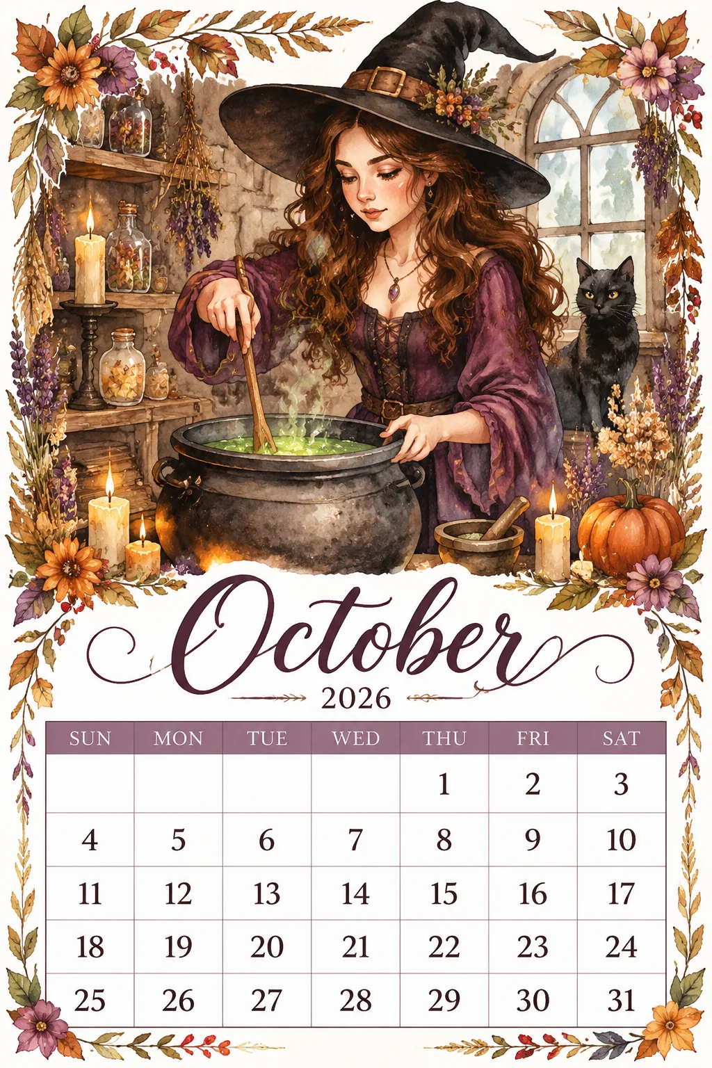 Printable watercolor witch cauldron kitchen calendar sheet