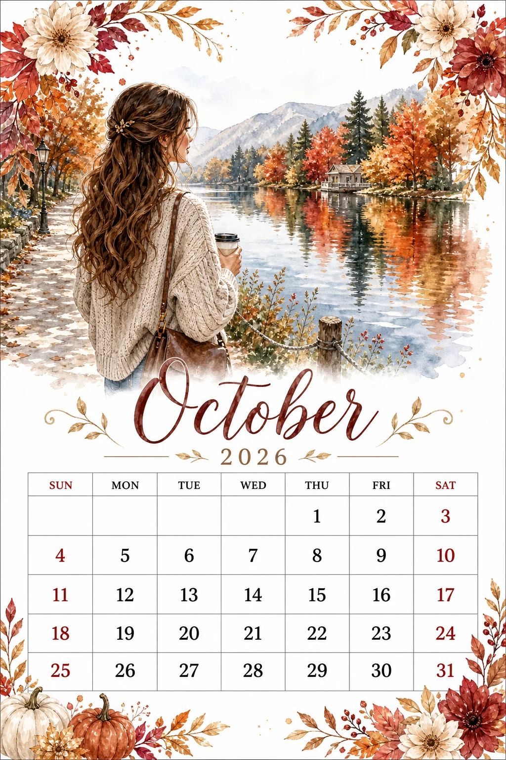 Printable watercolor lakeside autumn walk calendar sheet