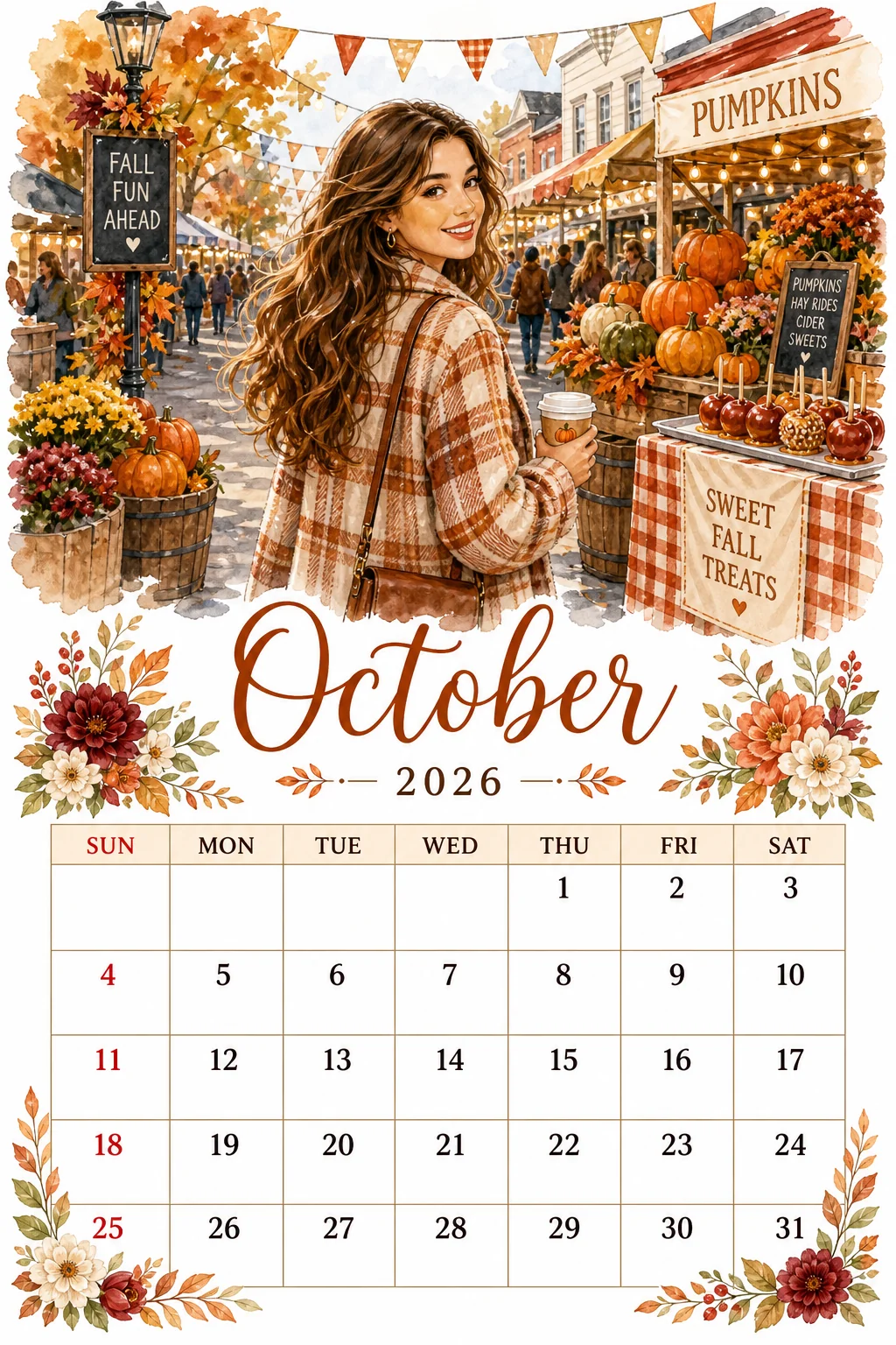 Printable watercolor fall festival street calendar sheet