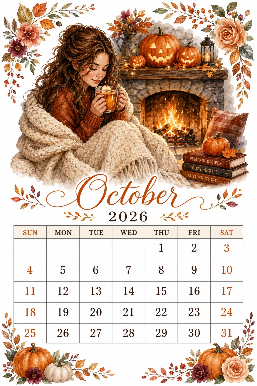 Printable watercolor fireside cider calendar sheet