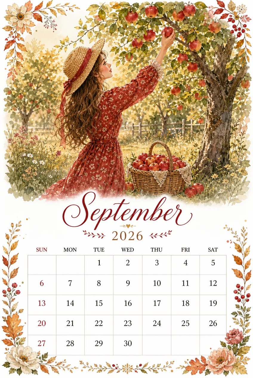 Printable watercolor apple orchard harvest calendar sheet