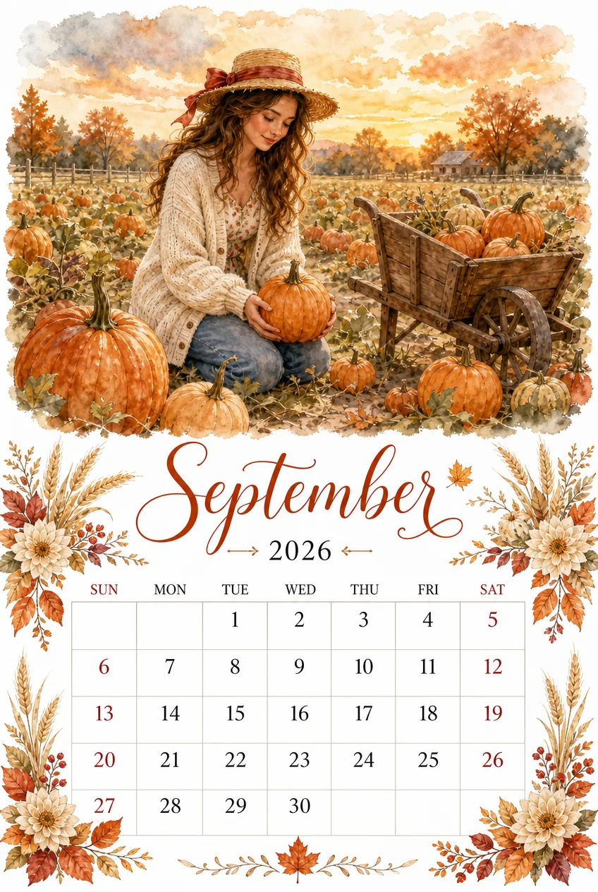 Printable watercolor pumpkin patch wagon calendar sheet