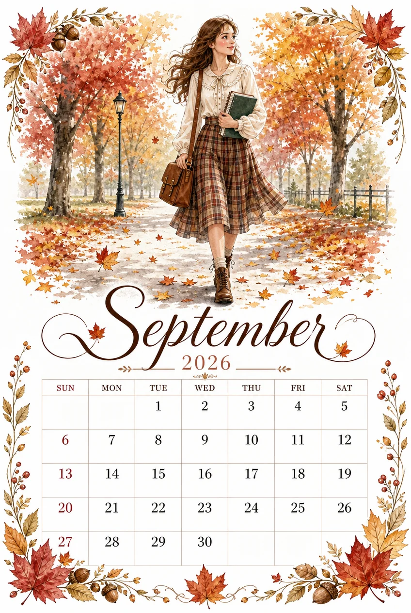 Printable watercolor autumn campus walk calendar sheet