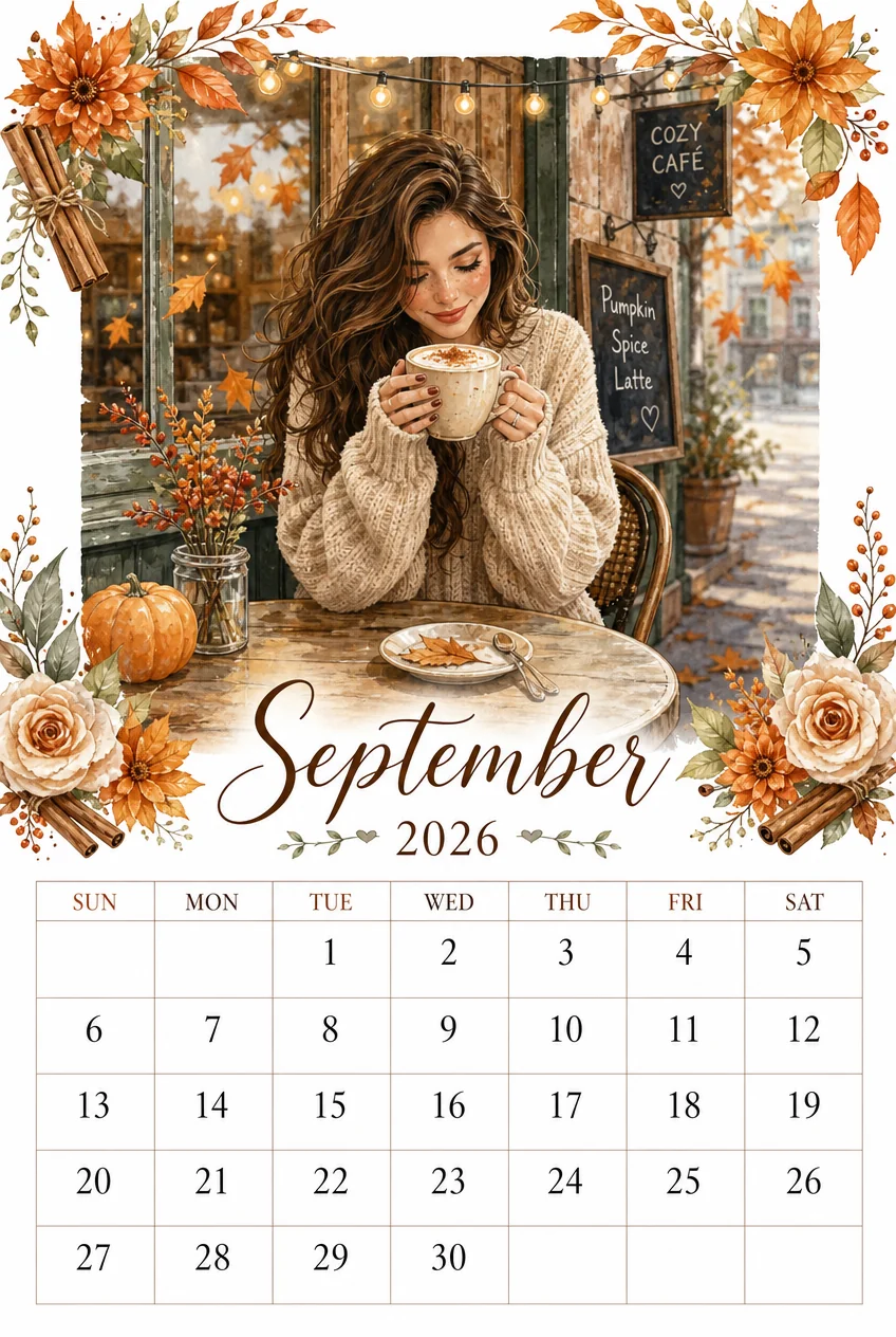 Printable watercolor cozy cafe latte calendar sheet
