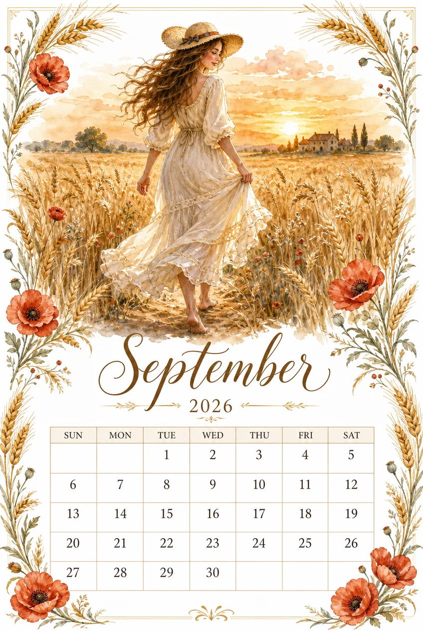 Printable watercolor wheat field sunset calendar sheet