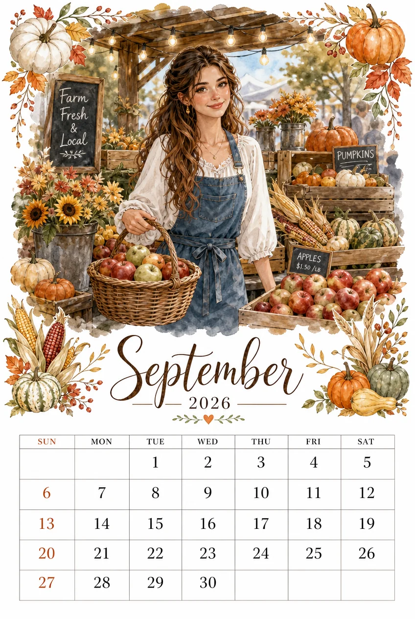 Printable watercolor farmers market stall calendar sheet