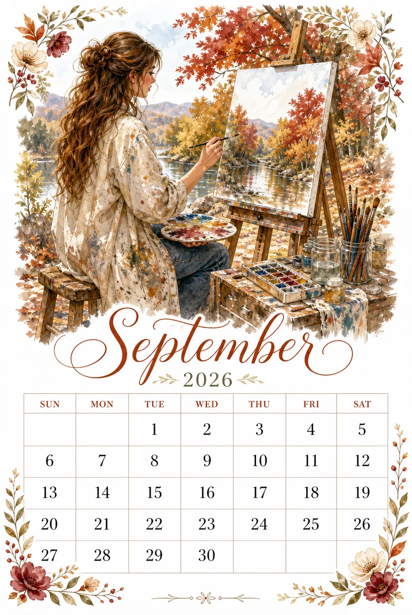 Printable watercolor lakeside landscape painter calendar sheet