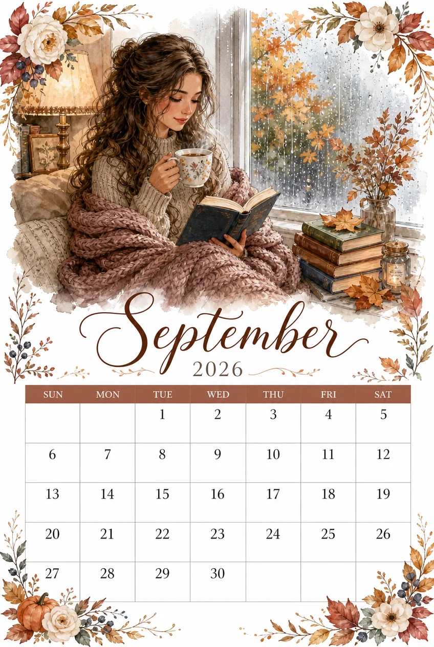 Printable watercolor rainy window reading nook calendar sheet