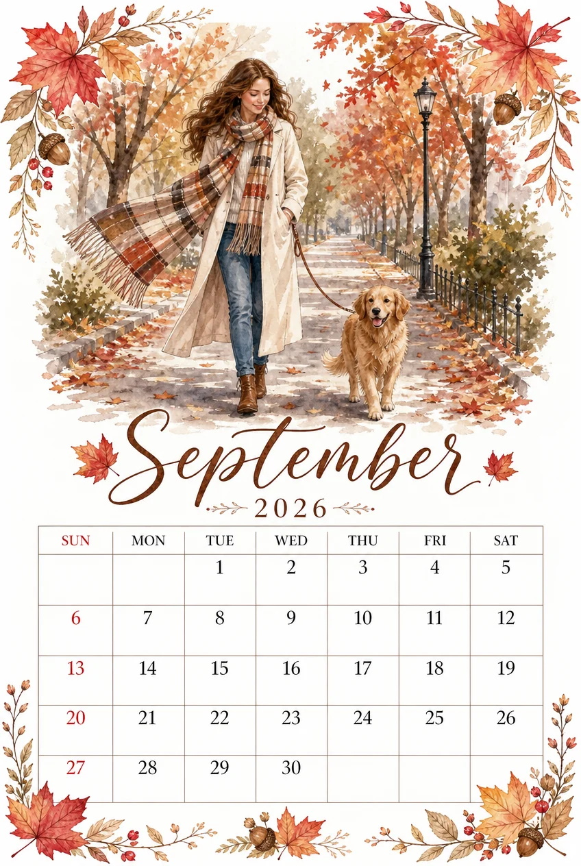 Printable watercolor golden retriever park walk calendar sheet