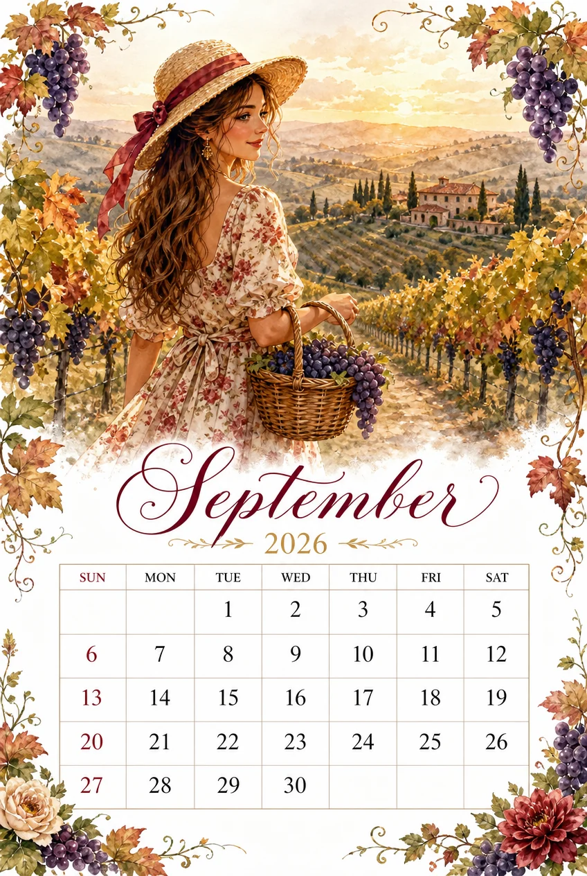 Printable watercolor tuscan vineyard harvest calendar sheet