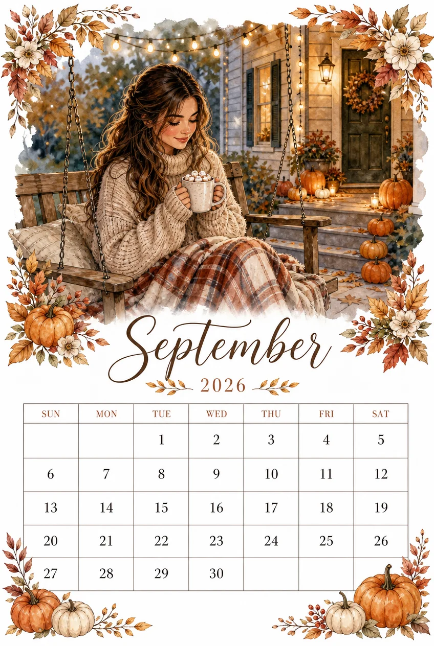 Printable watercolor porch swing cocoa calendar sheet