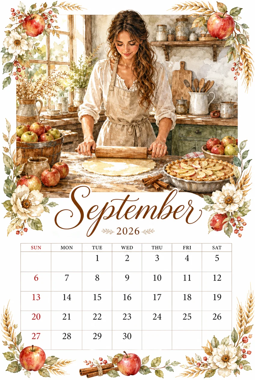 Printable watercolor apple pie kitchen calendar sheet