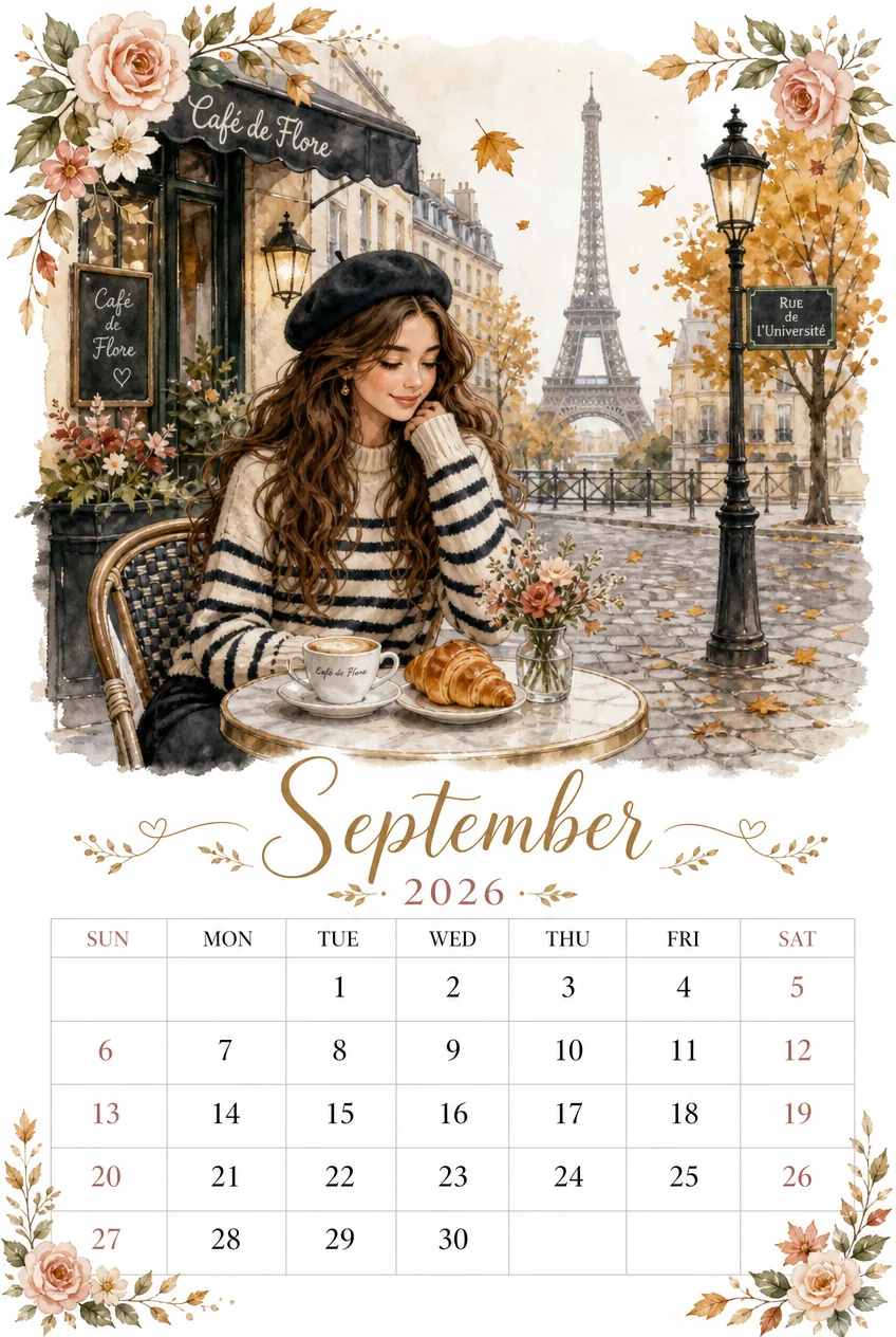 Printable watercolor paris cafe de flore calendar sheet